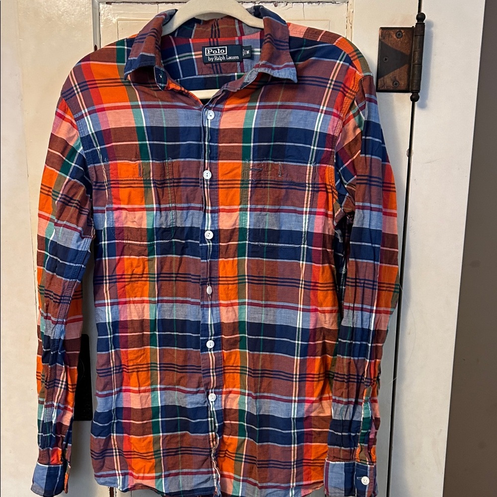 Polo by Ralph Lauren Men's Medium Orange and Blue Plaid Shirt
